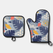 モンステラモダンリーフ抽象芸術ハワイアントロピカルブルー 鍋つかみ&鍋敷きセット (正面)