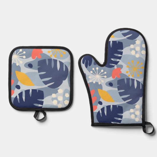 モンステラモダンリーフ抽象芸術ハワイアントロピカルブルー 鍋つかみ&鍋敷きセット (正面)