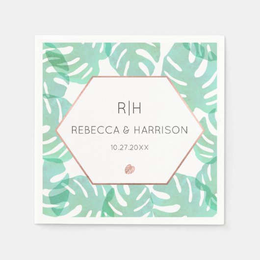 モンステラリーフ&バラ金ゴールド スタンダードカクテルナプキン (正面)