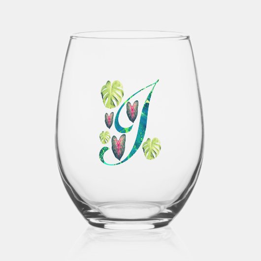 モンステラ文字「I」 ステムなしワイングラス (正面)