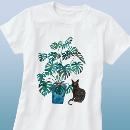 モンステラ植物水彩の猫 Tシャツ