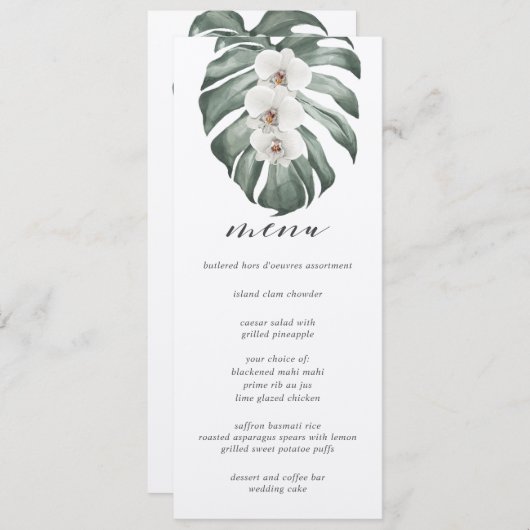 モンステラ熱帯のメニューに白結婚い蘭 招待状 (正面/裏面)