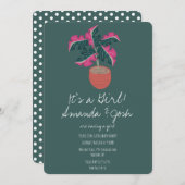 モンステラ熱帯グリーンドットガールズベビーシャワー 招待状 (正面/裏面)