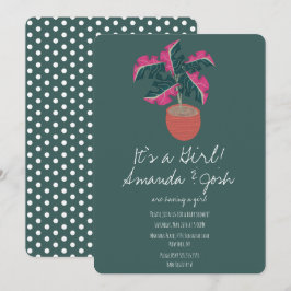モンステラ熱帯グリーンドットガールズベビーシャワー 招待状