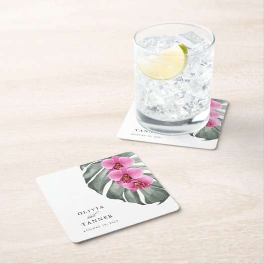 モンステラ熱帯地方のホットピンク結婚のラン スクエアペーパーコースター (インサイチュ)