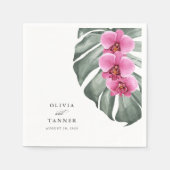 モンステラ熱帯地方のホットピンク結婚のラン スタンダードカクテルナプキン (正面)