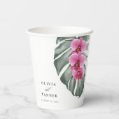 モンステラ熱帯地方のホットピンク結婚のラン 紙コップ (裏面)
