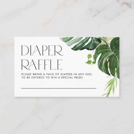 モンステラ熱帯夏の赤ちゃんシャワーおむつラッフル エンクロージャーカード (正面)