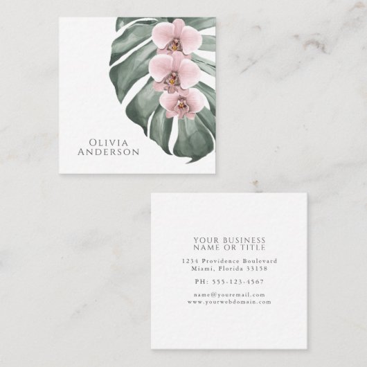 モンステラ熱帯植物上のホットピンクの蘭 スクエア名刺 (正面/裏面)