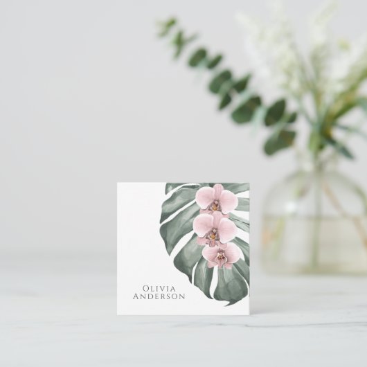 モンステラ熱帯植物上のホットピンクの蘭 スクエア名刺 (スタンド正面)