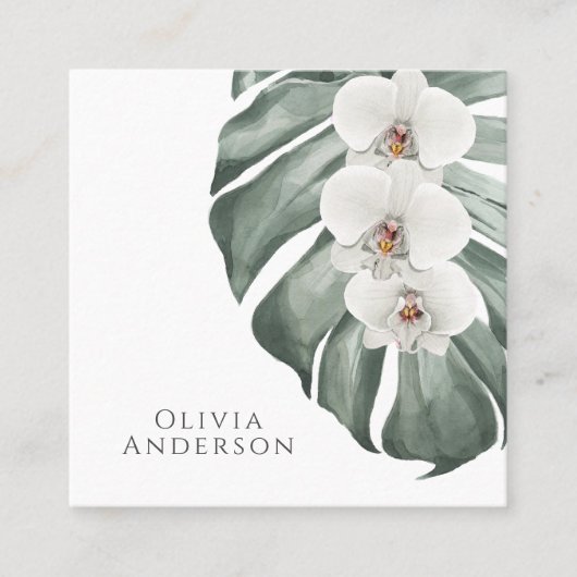 モンステラ熱帯植物上の白い蘭 スクエア名刺 (正面)
