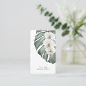 モンステラ熱帯植物上の白い蘭 名刺 (スタンド正面)