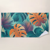 モンステラ熱帯水の色の緑のヤシ離れの ビーチタオル (正面)