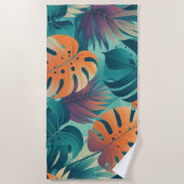 モンステラ熱帯水の色の緑のヤシ離れの ビーチタオル (正面)