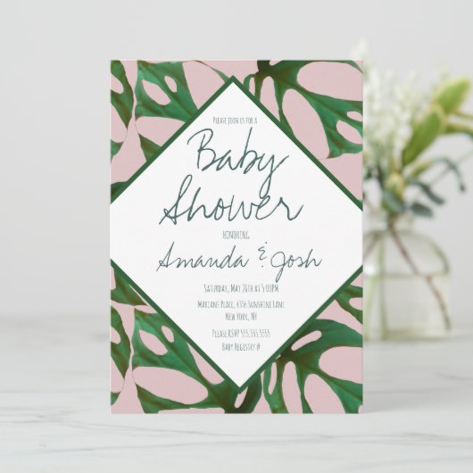 モンステラ熱帯葉パターン赤ちゃんシャワーインビタ 招待状 (スタンド正面)