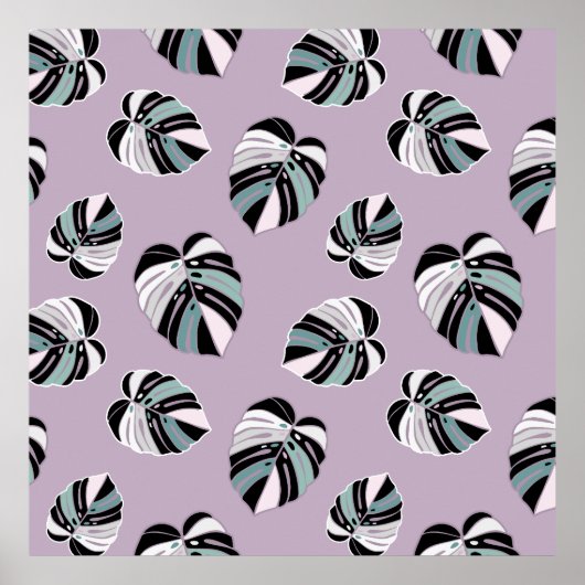 モンステラ葉パターン – パープルグリーン白黒 ポスター (正面)