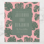 モンステラ葉植物植物性ピンクグリーン結婚ズ ワインラベル (シングルラベル)