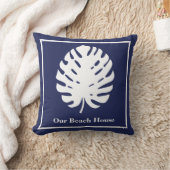 モンステラ葉海軍ブルーホワイト沿岸パーソナライズ クッション (ブランケット)