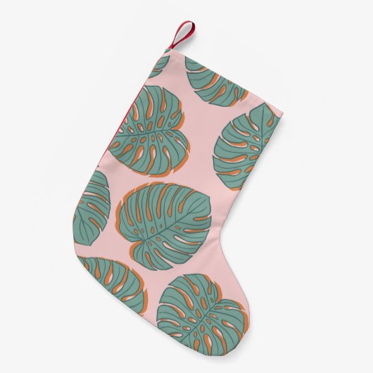 モンステラ葉:熱帯ヴィンテージ模様 スモールクリスマスストッキング (正面 (吊り時))