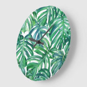 モンステラ離れの:水色ジャングルパターン。 ラージ壁時計 (傾斜)