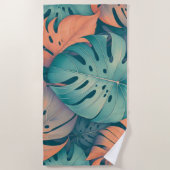 モンステラ トロピカル 水彩 グリーン パーム リーフ ビーチタオル (正面)