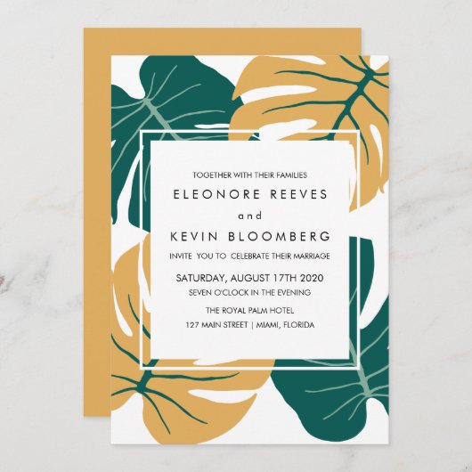 モンステラ |黄色 |トロピカル葉の結婚フレーム 招待状 (正面/裏面)
