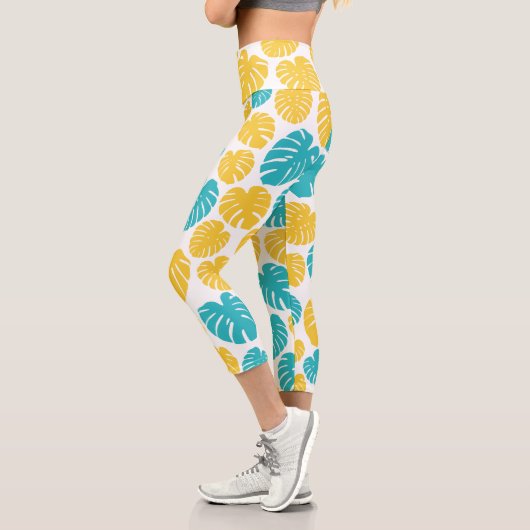 モンステ葉ラのターコイズ、黄色、および白 カプリレギンス (左)
