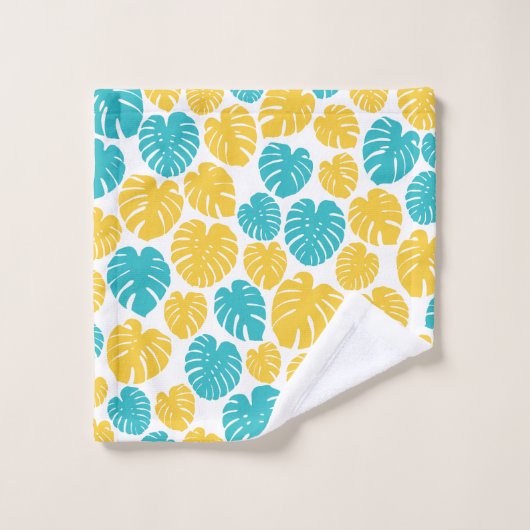 モンステ葉ラのターコイズ、黄色、および白 バスタオルセット (ウォッシュタオル)