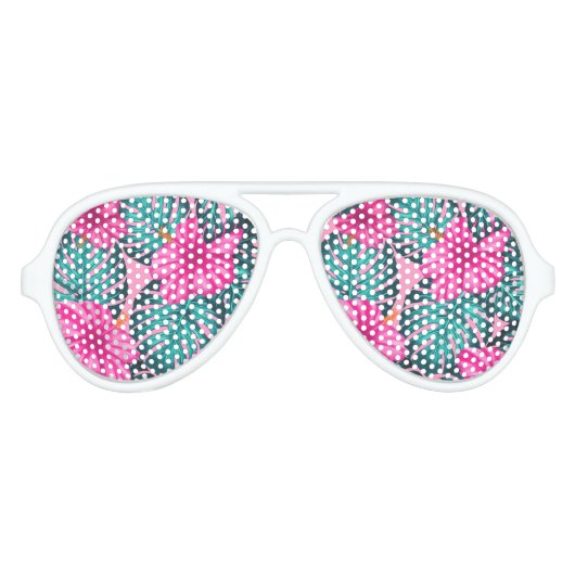 モンステ葉ラティール（緑がかった色）とハイビスカスのピンク アビエーターサングラス (正面)