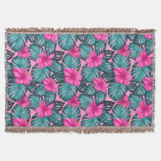 モンステ葉ラティール（緑がかった色）とハイビスカスのピンク スローブランケット (正面)