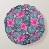 モンステ葉ラティール（緑がかった色）とハイビスカスのピンク ラウンドクッション (裏面)