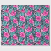 モンステ葉ラティール（緑がかった色）とハイビスカスのピンク ラッピングペーパー (フラット)