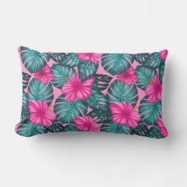 モンステ葉ラティール（緑がかった色）とハイビスカスのピンク ランバークッション