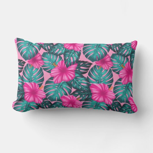 モンステ葉ラティール（緑がかった色）とハイビスカスのピンク ランバークッション (正面)