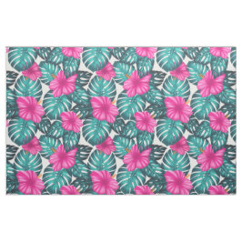 モンステ葉ラティール（緑がかった色）とハイビスカス、ホワイトピンク ファブリック