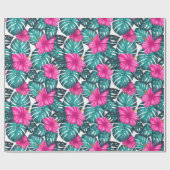 モンステ葉ラティール（緑がかった色）とハイビスカス、ホワイトピンク ラッピングペーパー (フラット)