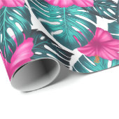 モンステ葉ラティール（緑がかった色）とハイビスカス、ホワイトピンク ラッピングペーパー (ロールコーナー)