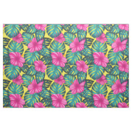 モンステ葉ラティール（緑がかった色）とハイビスカス、黄色にピンク ファブリック