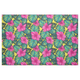 モンステ葉ラティール（緑がかった色）とハイビスカス、黄色にピンク ファブリック