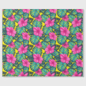 モンステ葉ラティール(緑がかった色)とハイビスカス、黄色にピンク ラッピングペーパー (フラット)