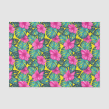 モンステ葉ラティール（緑がかった色）とハイビスカス、黄色にピンク