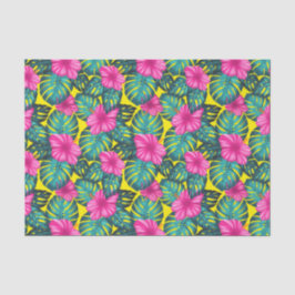 モンステ葉ラティール（緑がかった色）とハイビスカス、黄色にピンク 薄葉紙