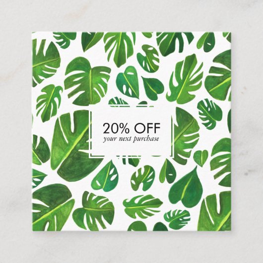 モンステ葉ラ熱帯図解入りの、写真付きのの水色 割引カード (正面)