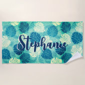 モンステ葉ラ熱帯水彩海軍青色名 ビーチタオル (正面)