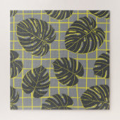 モンステ葉ラ:イエローグレーモダン抽象芸術 ジグソーパズル (横)