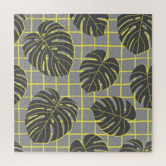 モンステ葉ラ:イエローグレーモダン抽象芸術 ジグソーパズル (縦)