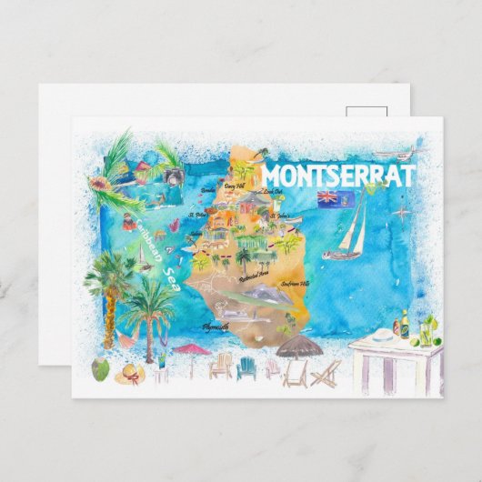 モンセラットアンティル図解入りの、写真付きのカリブの旅行 ポストカード (正面/裏面)