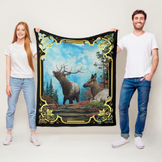 モンタナの森のエルク、牛、牛 フリースブランケット
