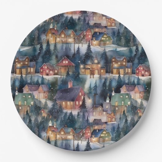 モンタナクリスマスアットミッドナイト通りウォーターカラー ペーパープレート (正面)