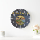 モンタナ州旗オンオールドウッドグレイン ラージ壁時計 (ホーム)